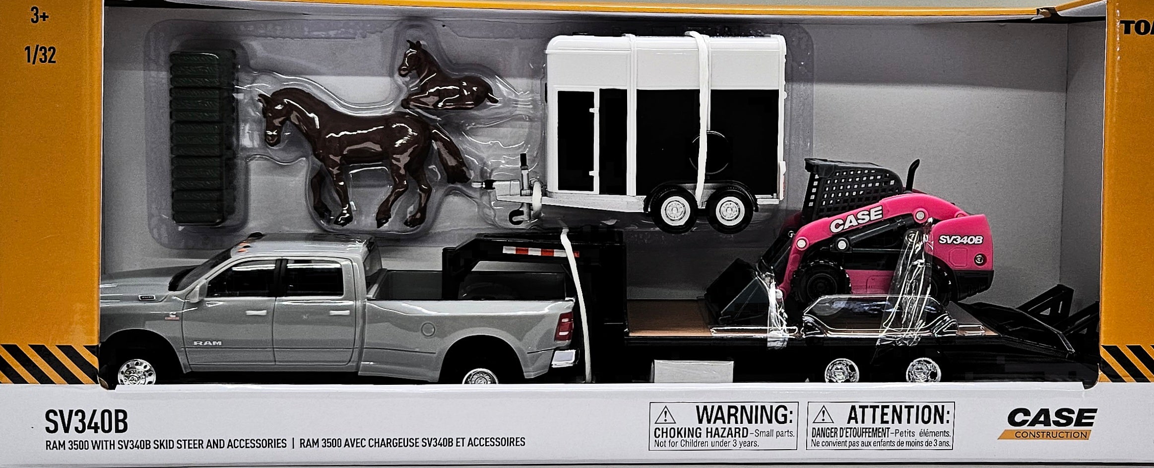 1/32 ERTL TOY CASE IH SKIDSTEER SET RAM 3500 WITH TRAILER AND PINK SKI