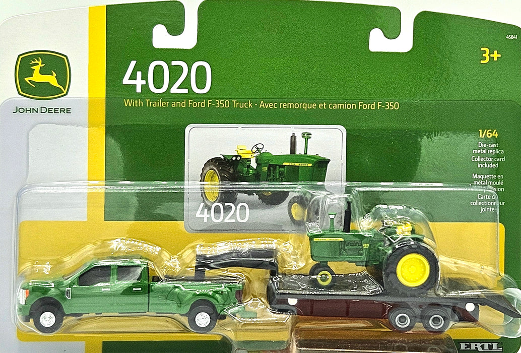 1/64 ERTL TOY JOHN DEERE 4020 TRACTOR WITH FORD F350 TRUCK AND TRAILER