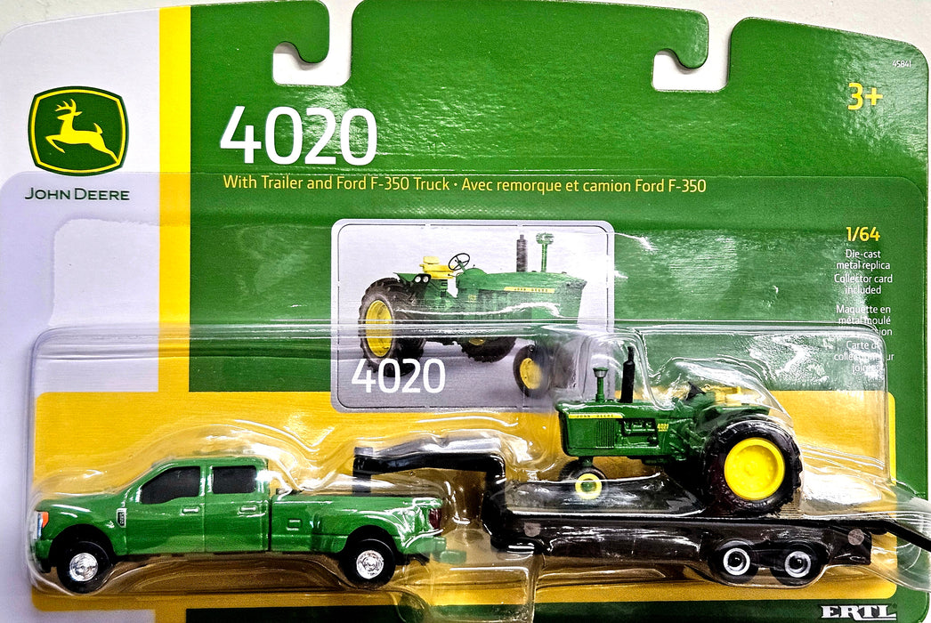 1/64 ERTL TOY JOHN DEERE 4020 TRACTOR WITH FORD F350 TRUCK AND TRAILER