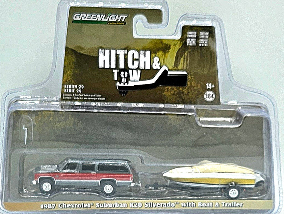 1/64 GREENLIGHT TOY 1987 CHEVROLET SUBURBAN WITH BOAT HITCH AND TOW SERIES 29