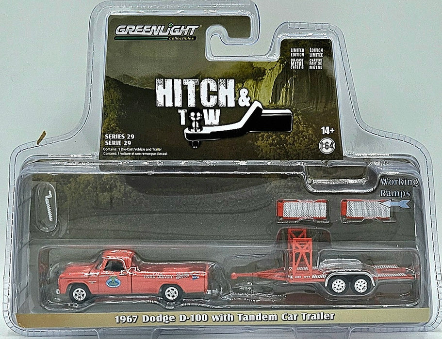 1/64 GREENLIGHT TOY 1967 DODGE D-100 WITH CAR TRAILER HITCH AND TOW SERIES 29
