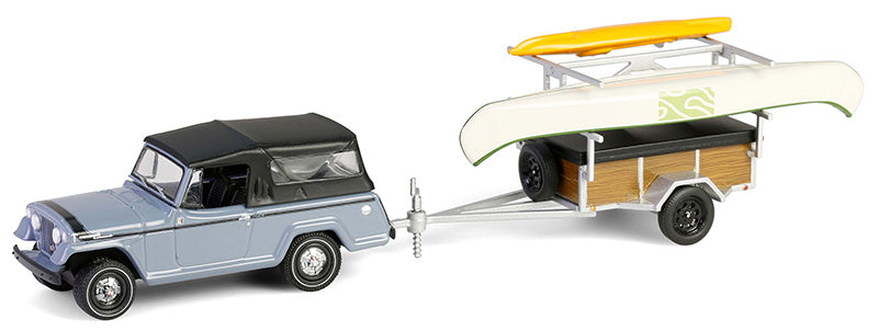 1/64 GREENLIGHT TOY 1968 JEEP CAMMANDO WITH CANOE AND KYAK TRAILER
