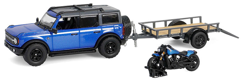 1/64 GREENLIGHT TOYS 2021 FORD BRONCO WITH MOTORCYCLE AND TRAILER