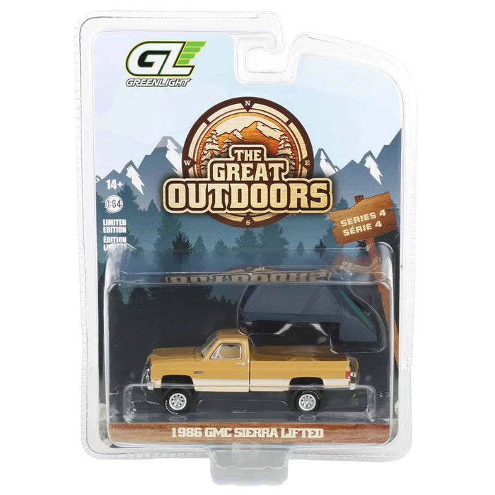 1/64 GREENLIGHT TOY 1986 GMC SIERRA LIFTED W/TENT GREAT OUTDOORS SERIES 4