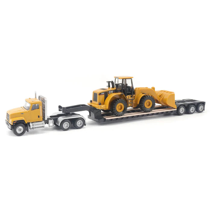 1/87 DIE CAST MASTERS TOY CAT CT681 WITH TRAILER AND CAT 950G WHEEL LOADER