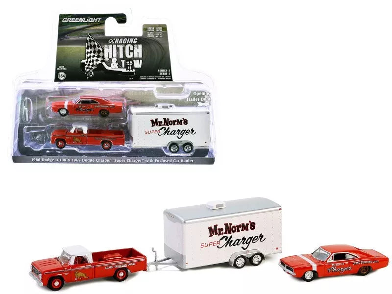 1/64 GREENLIGHT TOY 1966 DODGE D-100 & 1969 DODGE CHARGER WITH ENCLOSED TRAILER