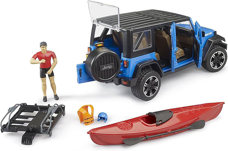 1/16 BRUDER TOY JEEP WRANGLER RUBICON WITH KAYAK AND MAN