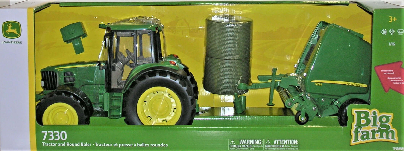 1/16 JOHN DEERE 7330 WITH ROUND BALER BIG FARM ERTL TOY SET, image size:1685x630