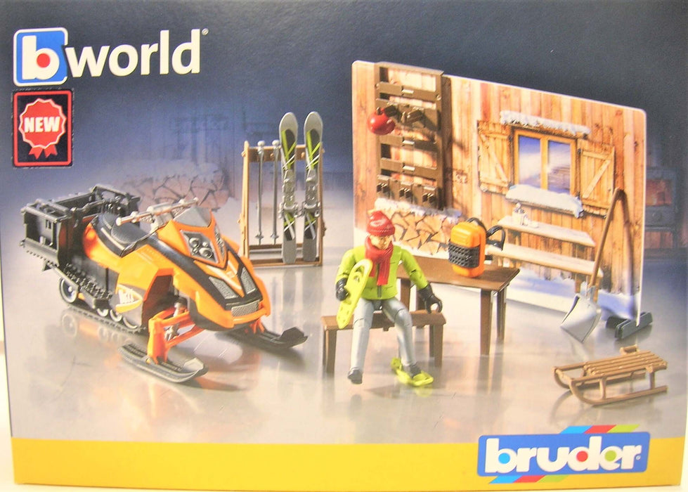 1/16 BRUDER TOY MOUNTAIN HUT WITH SNOWMOBILE SET