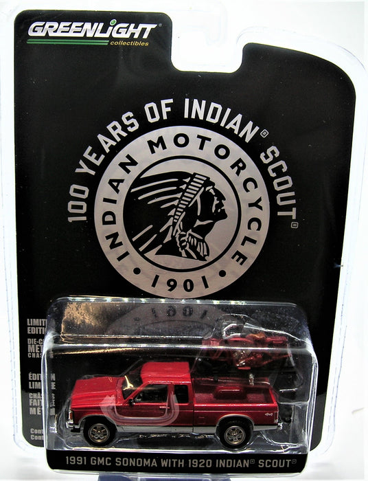 1/64 1991 GMC SONOMA W INDIAN SCOUT CHEV GREENLIGHT TOY