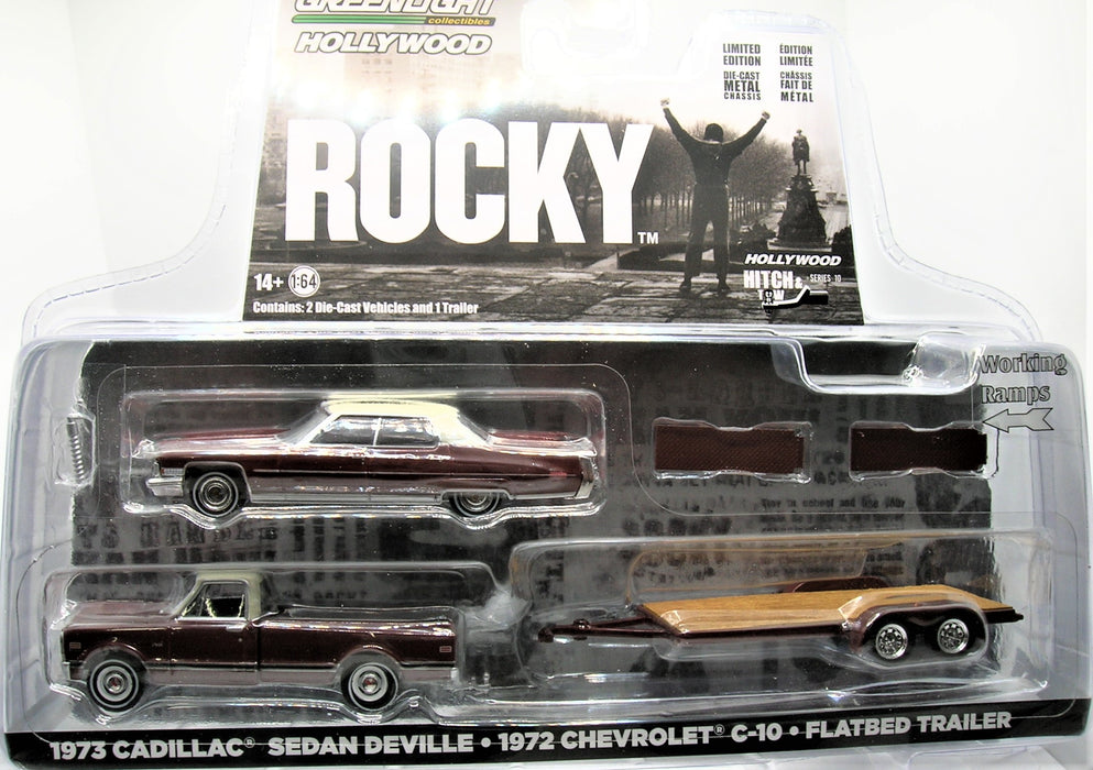 1/64 GREENLIGHT TOT HITCH AND TOW 1973 CHEV C-10 & CADILLAC DEVILLE