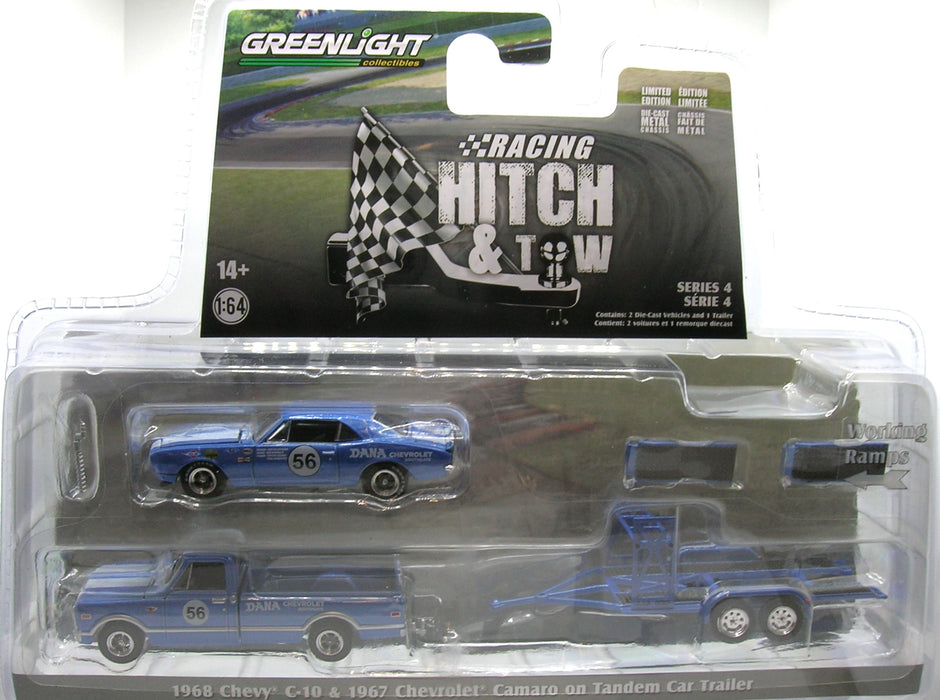 1/64 1968 CHEVY C10 & 1967 CHEV CAMARO ON TRAILER HITCH & TOW RACING