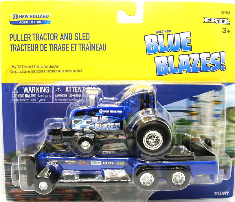 1/64 ERTL TOY FORD NEW HOLLAND BLUE BLAZES PULLER TRACTOR / SLED