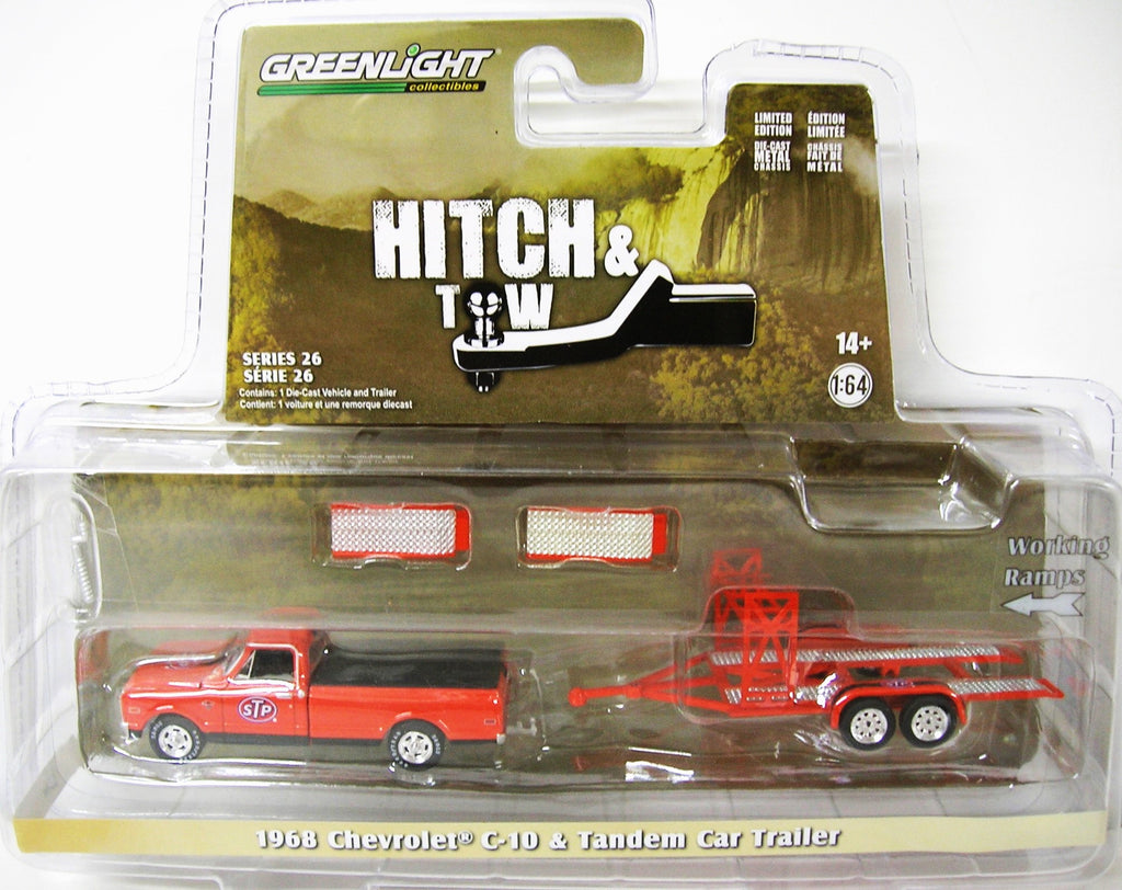 1/64 GREENLIGHT TOY 1968 CHEV C10 & CAR TRAILER HITCH & TOW
