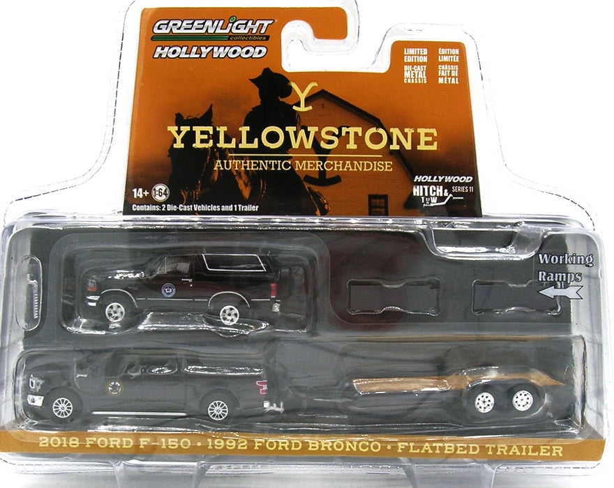 1/64 GREENLIGHT TOY 2018 FORD F150 1992 BRONCO/ TRAILER YELLOWSTONE HOLLYWOOD