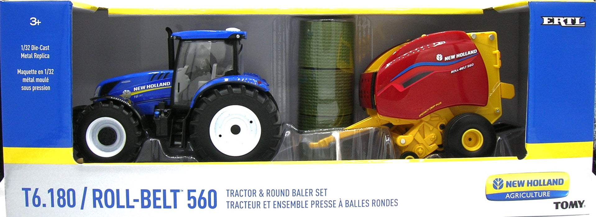 1/32 ERTL TOY NEW HOLLAND T6.180 TRACTOR AND 560 ROUND BALER