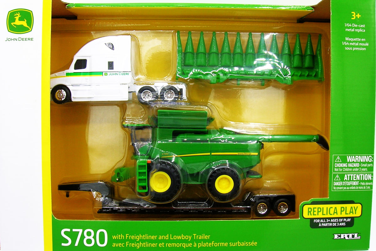 1/64 ertl toy john deere s780 combine & freightliner with lowboy trailer