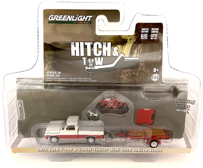 1/64 GREENLIGHT TOY 1972 F-100 & UTILITY TRAILER W/ 1920 INDIAN SCOUT HITCH & TOW SERIES 20 FORD